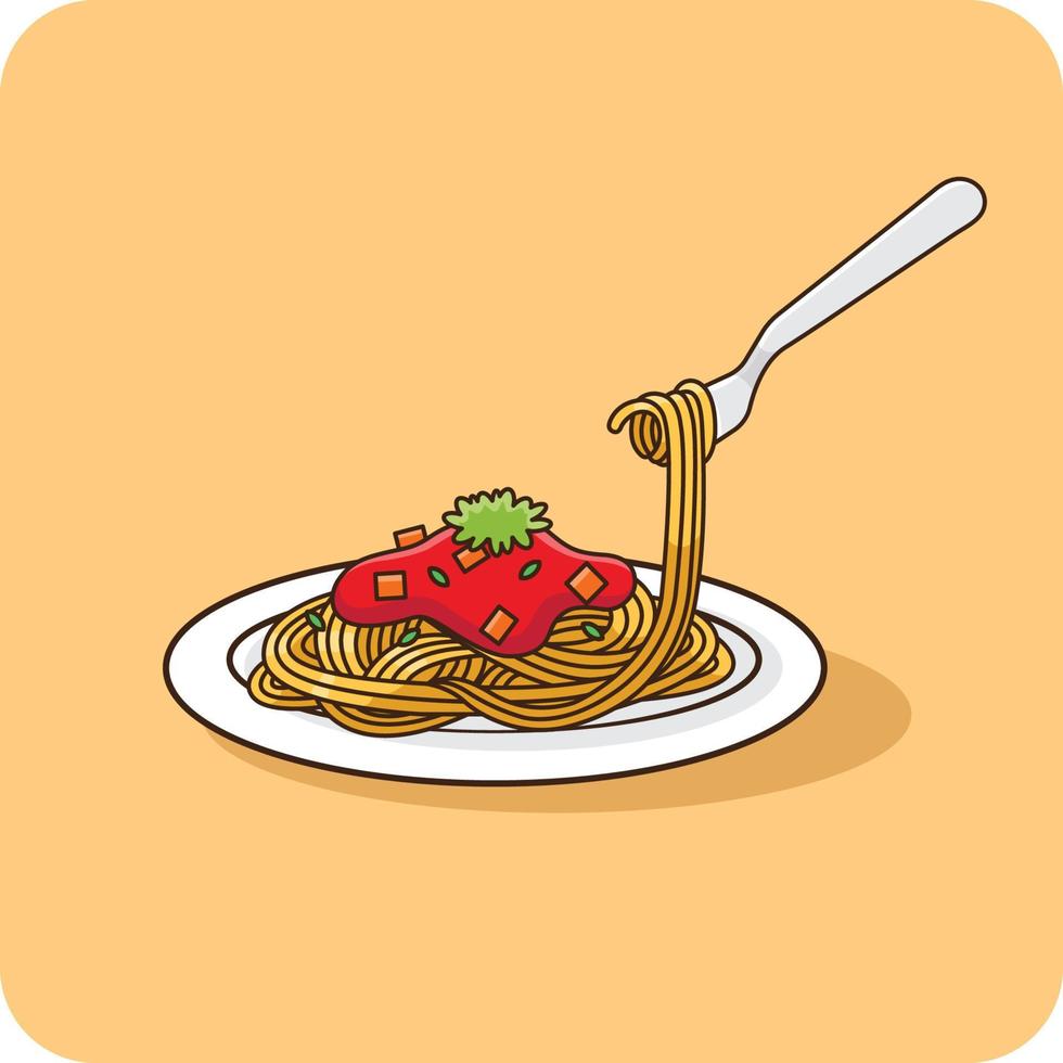 spaghetti med tomat sås på tallrik, vektor illustration.