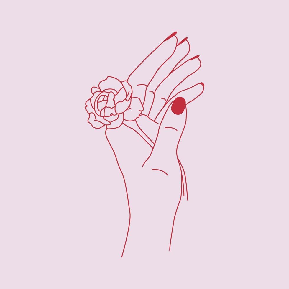 Vektor dünne Illustration. Blume im rosa Hintergrund der Frauenhand.