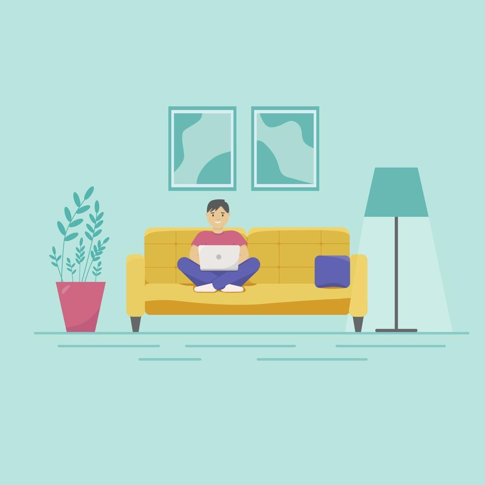 arbete hemifrån, isolering. en man som sitter på en soffa med en bärbar dator i vardagsrummet. vektor