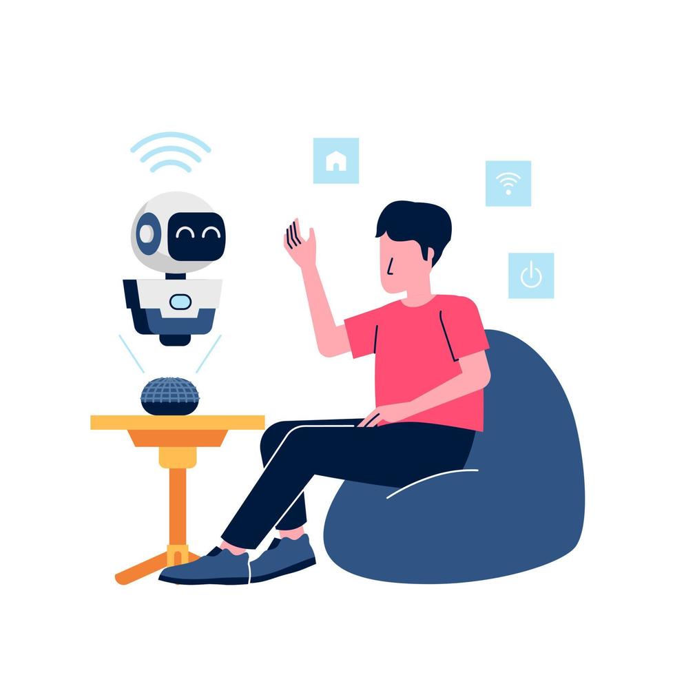 Mann sitzen beim Bohne Tasche Stimme Befehl zu Roboter künstlich Intelligenz zum Clever Zuhause iot Zukunft Technologie eben Illustration vektor