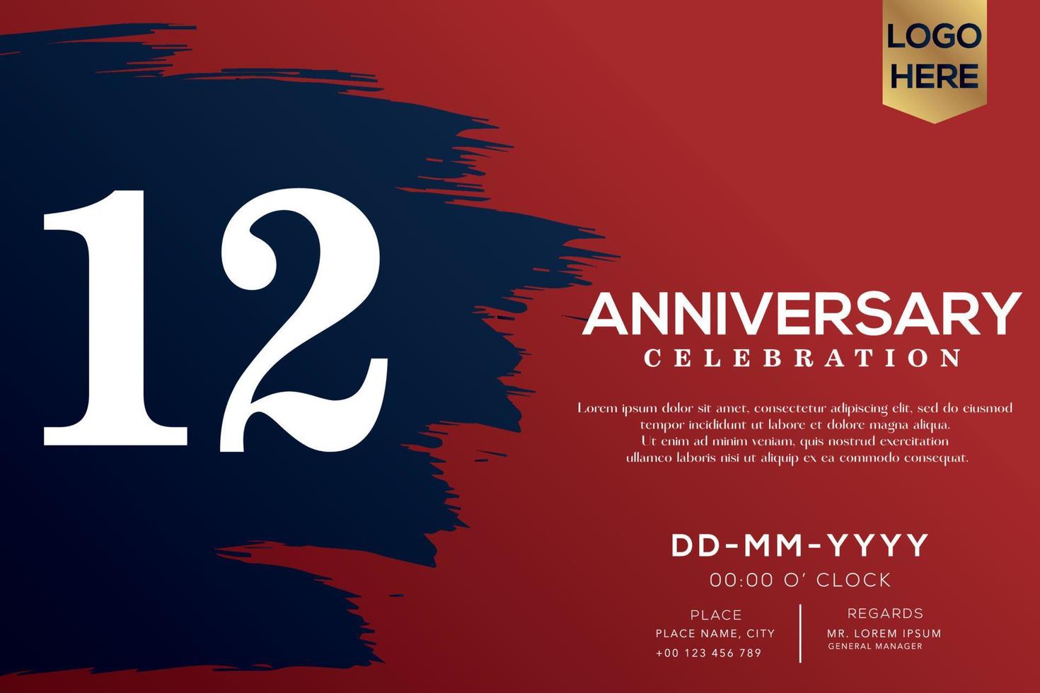 12 år årsdag firande vektor med blå borsta isolerat på röd bakgrund med text mall design