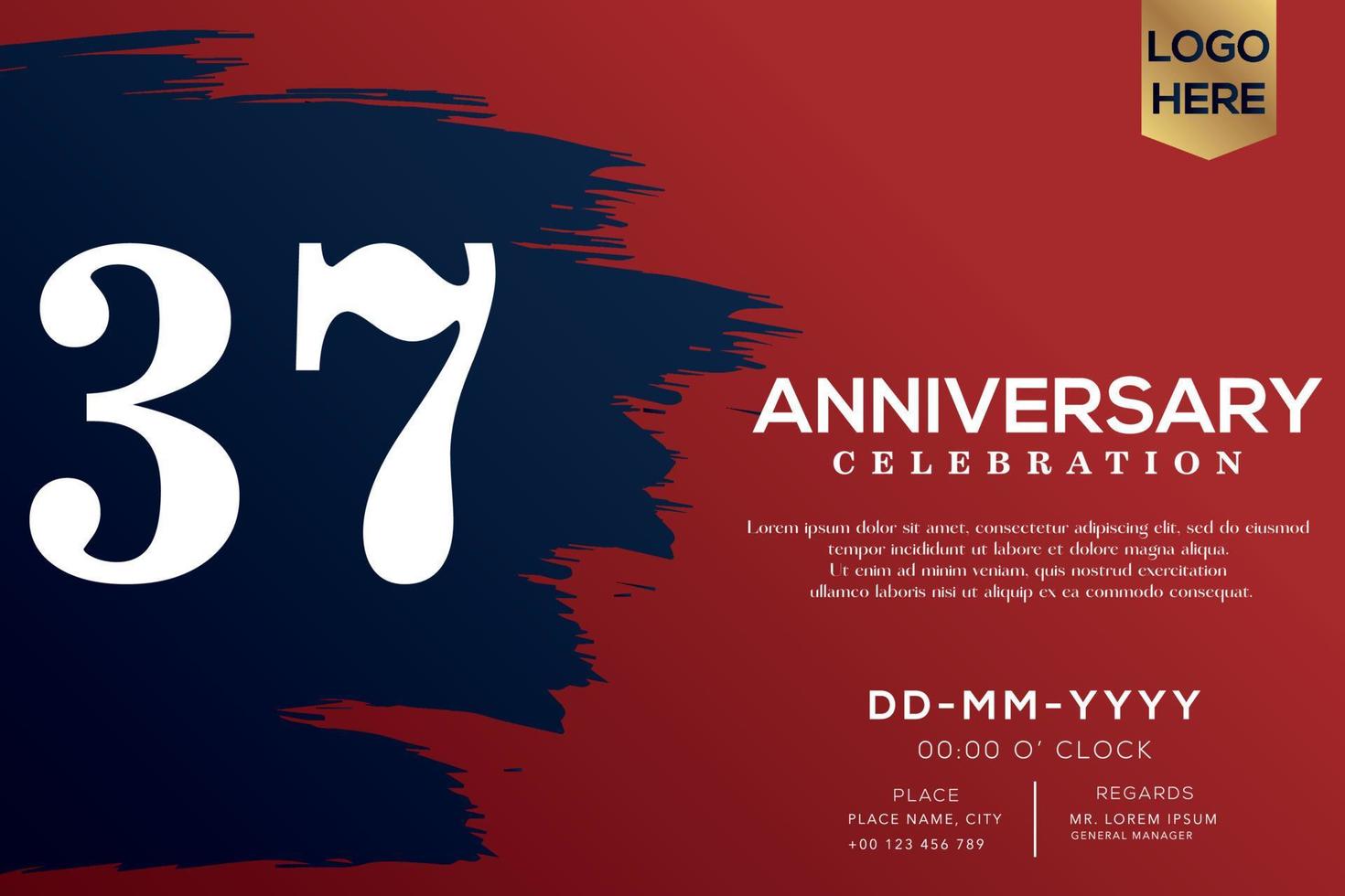 37 Jahre Jahrestag Feier Vektor mit Blau Bürste isoliert auf rot Hintergrund mit Text Vorlage Design
