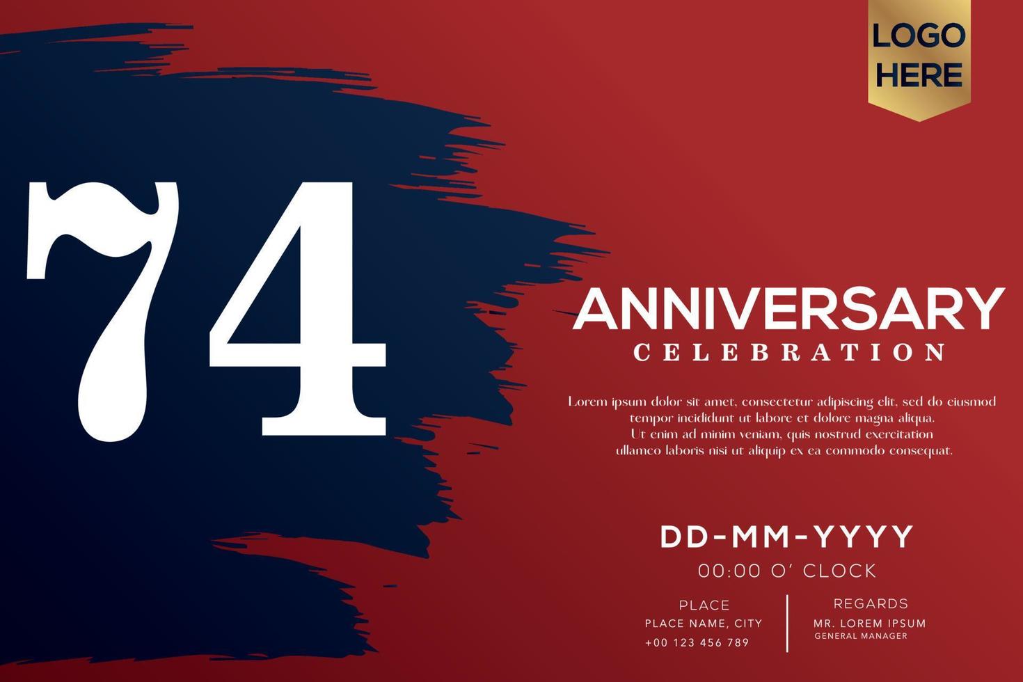 74 år årsdag firande vektor med blå borsta isolerat på röd bakgrund med text mall design