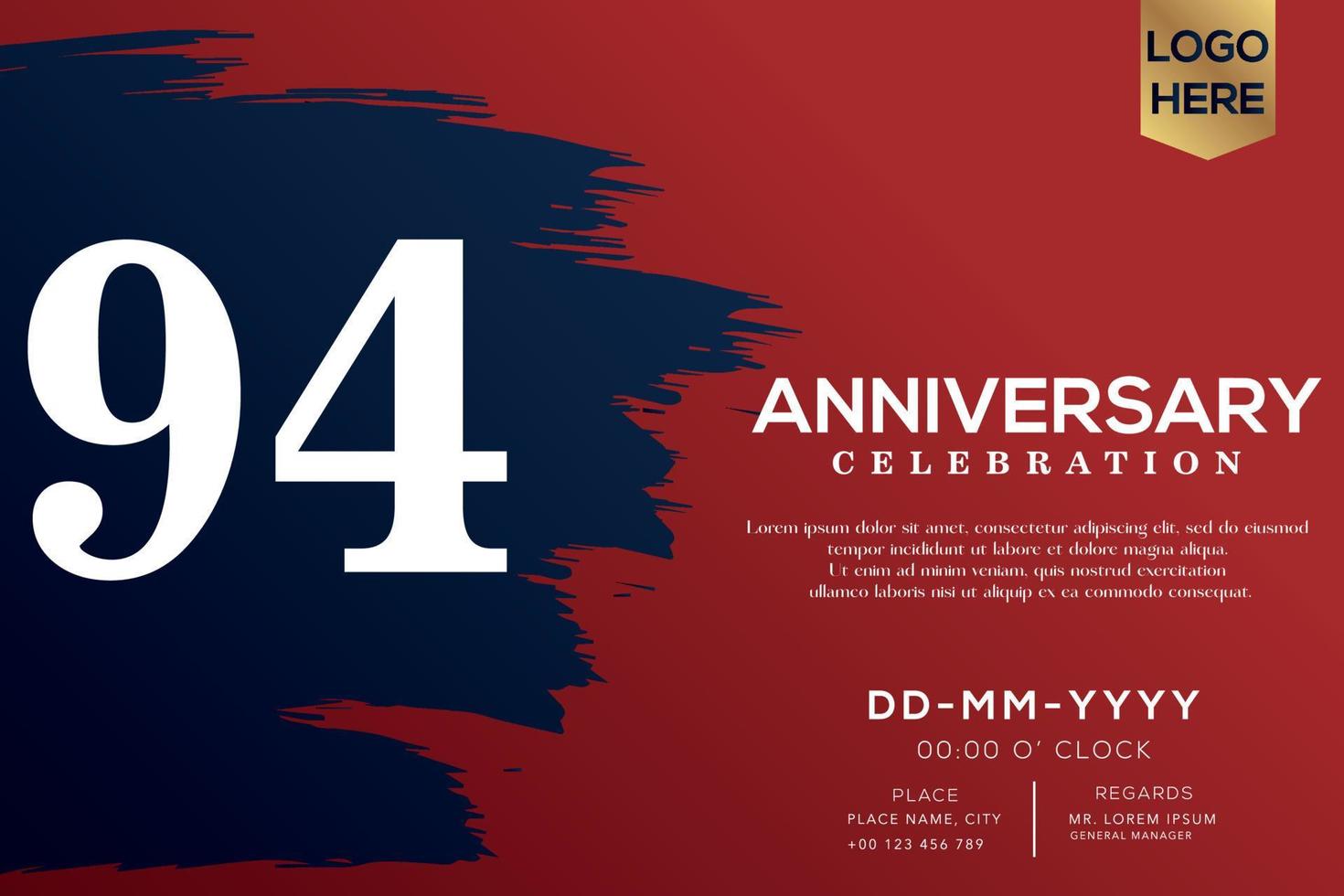 94 år årsdag firande vektor med blå borsta isolerat på röd bakgrund med text mall design
