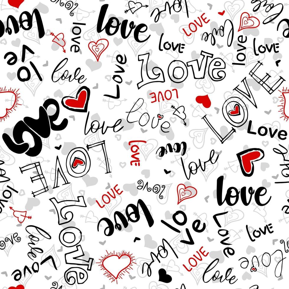 illustration med hjärtan med orden kärlek. sömlöst romantiskt mönster. vektor