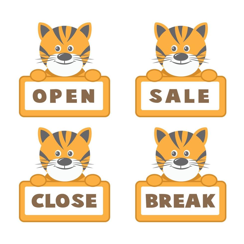 offene und geschlossene Schilder, Tigerbaby. Vektor-Ikonen-Illustration. vektor