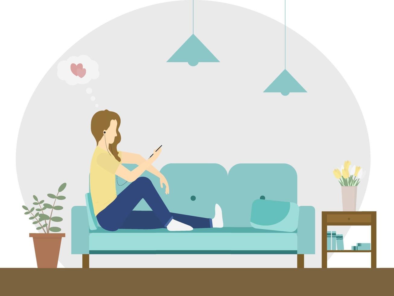 en flicka sitter i soffan i vardagsrummet. hon har virtuell online dating. perfekt för internetpublikationer och utskrift. platt illustration. vektor