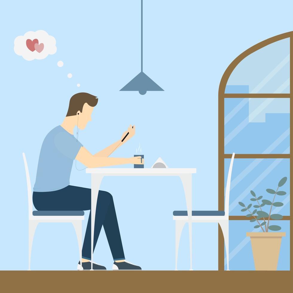 Ein Mann im Café hat ein virtuelles Online-Dating. Konzeptillustration. flache Illustration. vektor