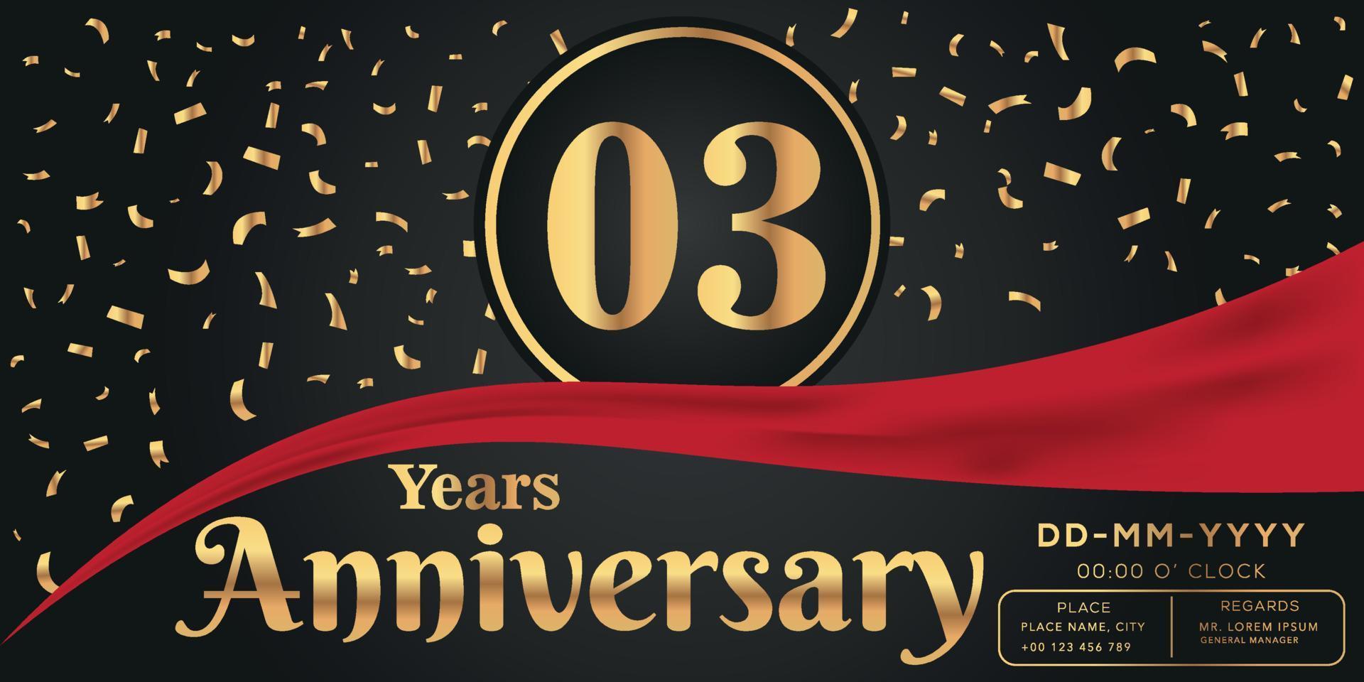 03. Jahre Jahrestag Feier Logo auf dunkel Hintergrund mit golden Zahlen und golden abstrakt Konfetti Vektor Design