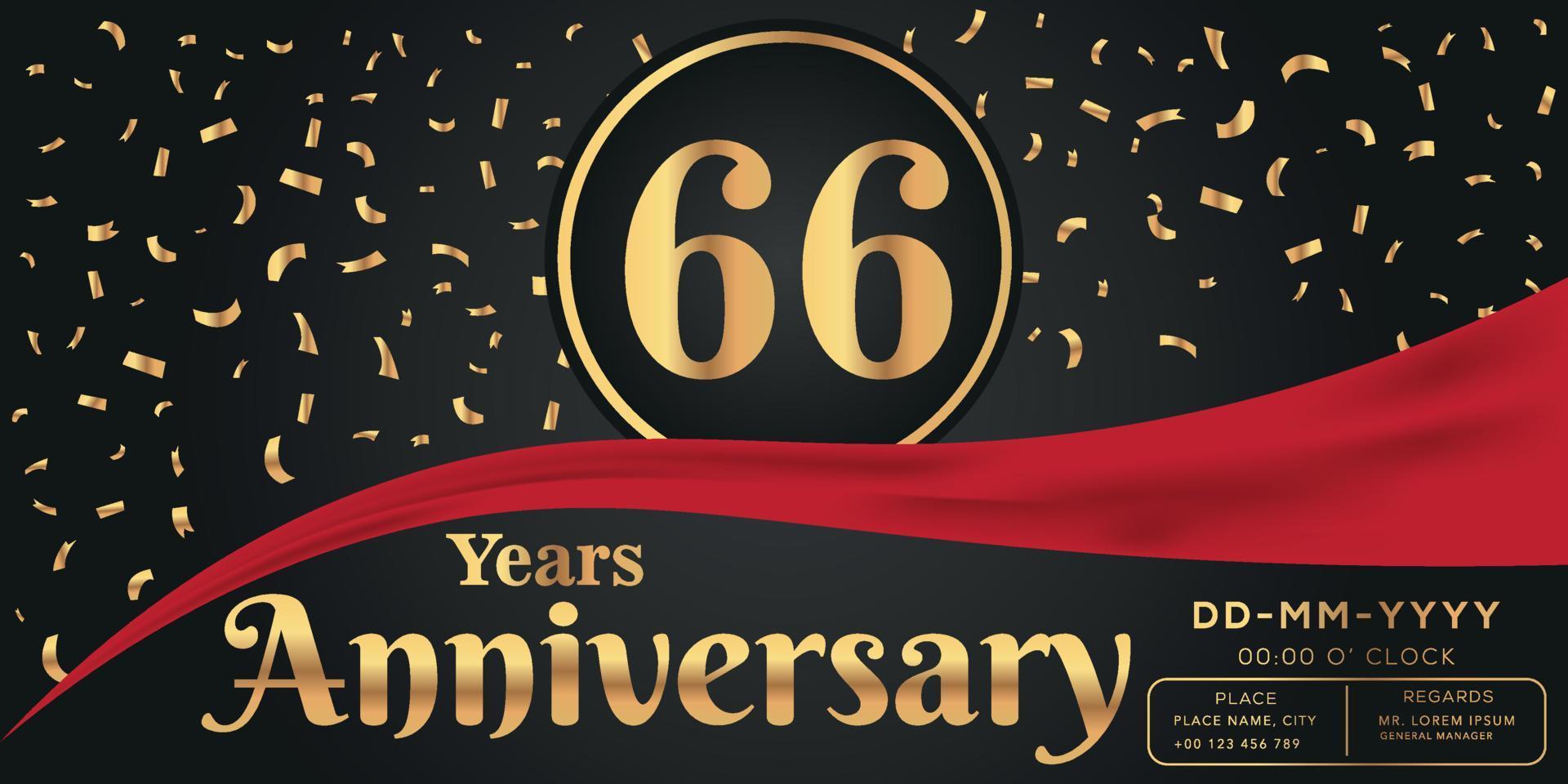 66: e år årsdag firande logotyp på mörk bakgrund med gyllene tal och gyllene abstrakt konfetti vektor design