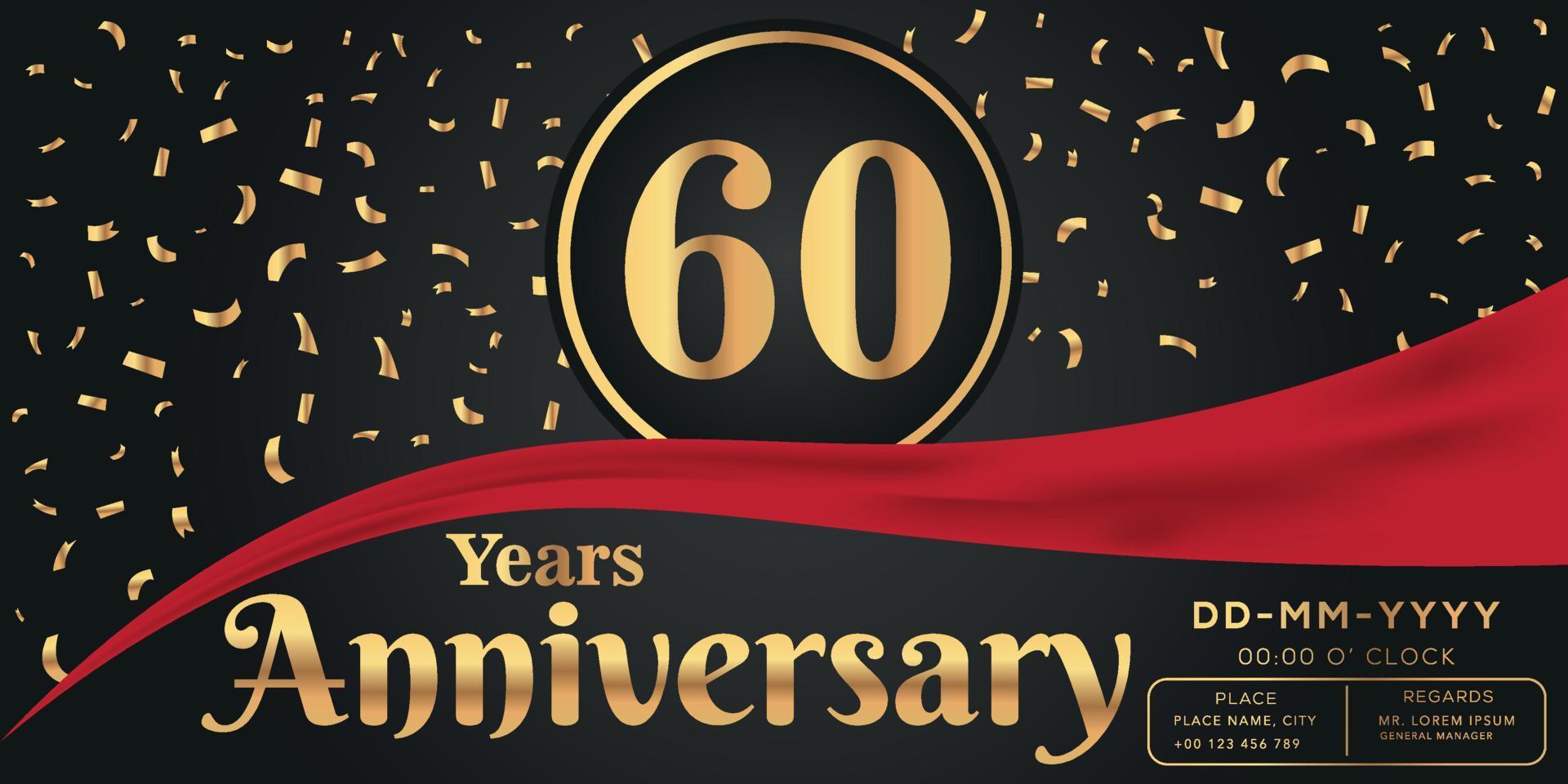 60:e år årsdag firande logotyp på mörk bakgrund med gyllene tal och gyllene abstrakt konfetti vektor design