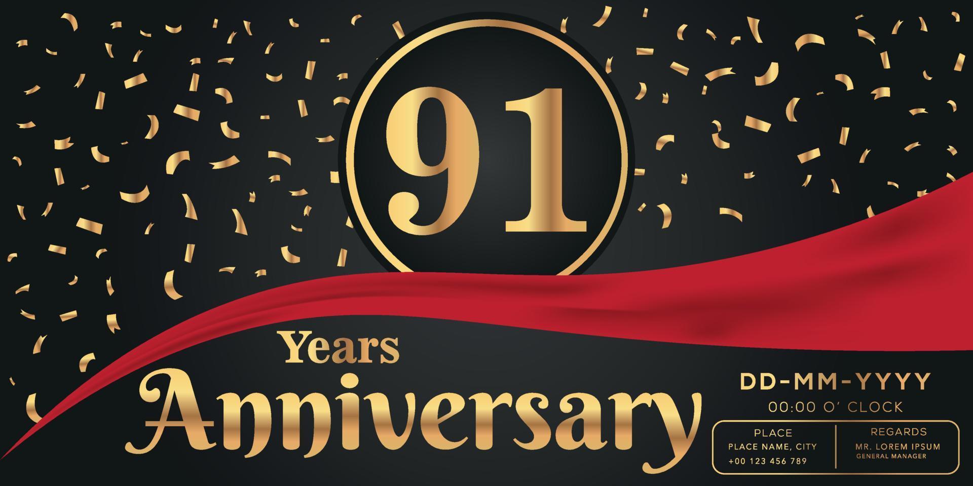 91:a år årsdag firande logotyp på mörk bakgrund med gyllene tal och gyllene abstrakt konfetti vektor design
