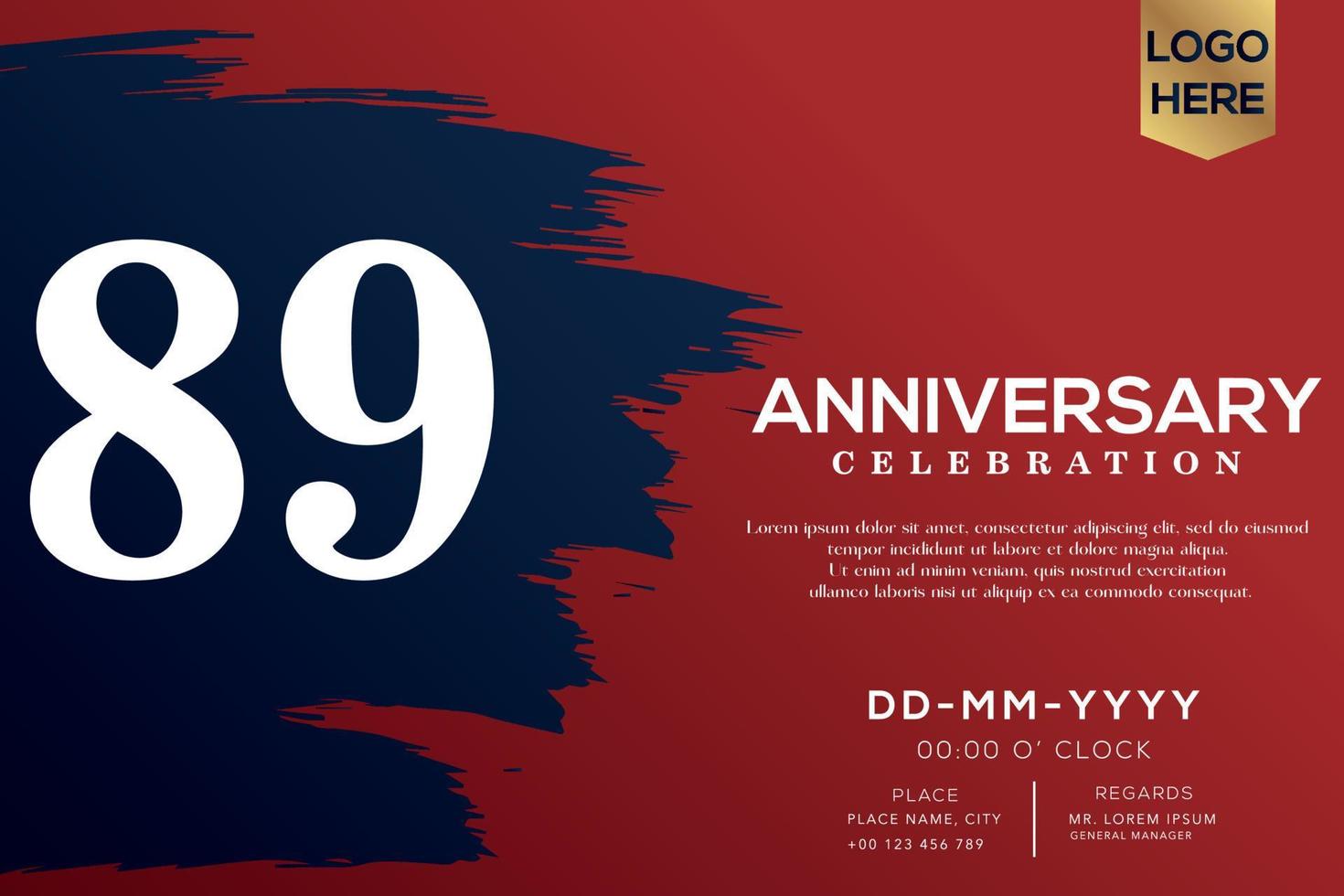 89 Jahre Jahrestag Feier Vektor mit Blau Bürste isoliert auf rot Hintergrund mit Text Vorlage Design