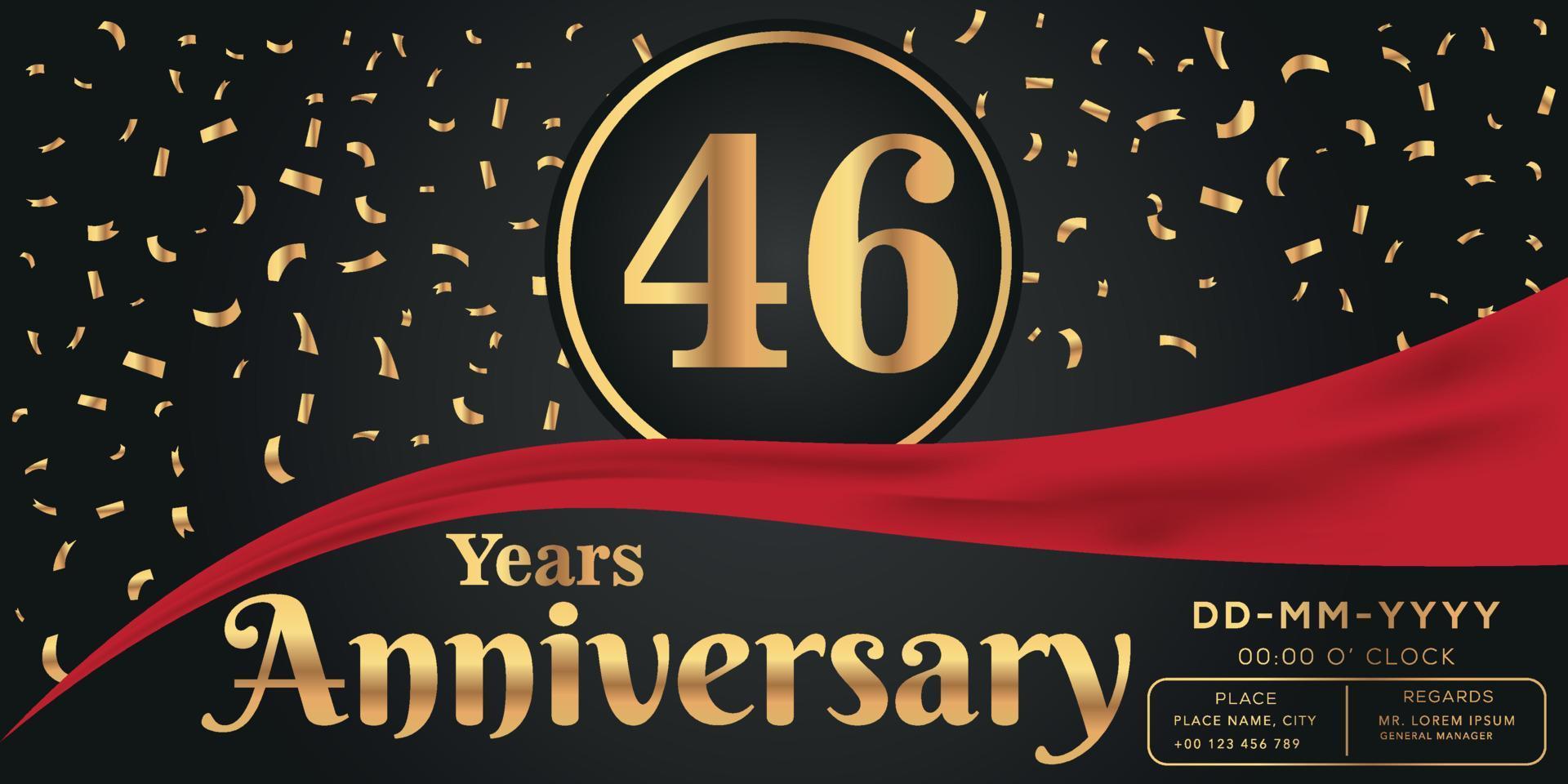 46: e år årsdag firande logotyp på mörk bakgrund med gyllene tal och gyllene abstrakt konfetti vektor design