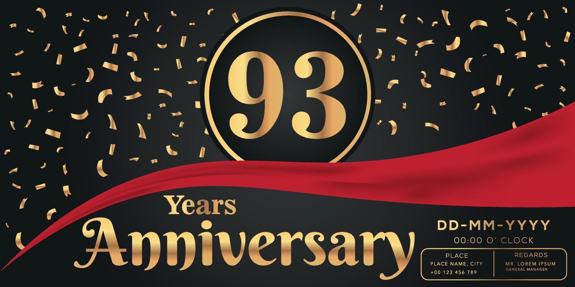 93. Jahre Jahrestag Feier Logo auf dunkel Hintergrund mit golden Zahlen und golden abstrakt Konfetti Vektor Design