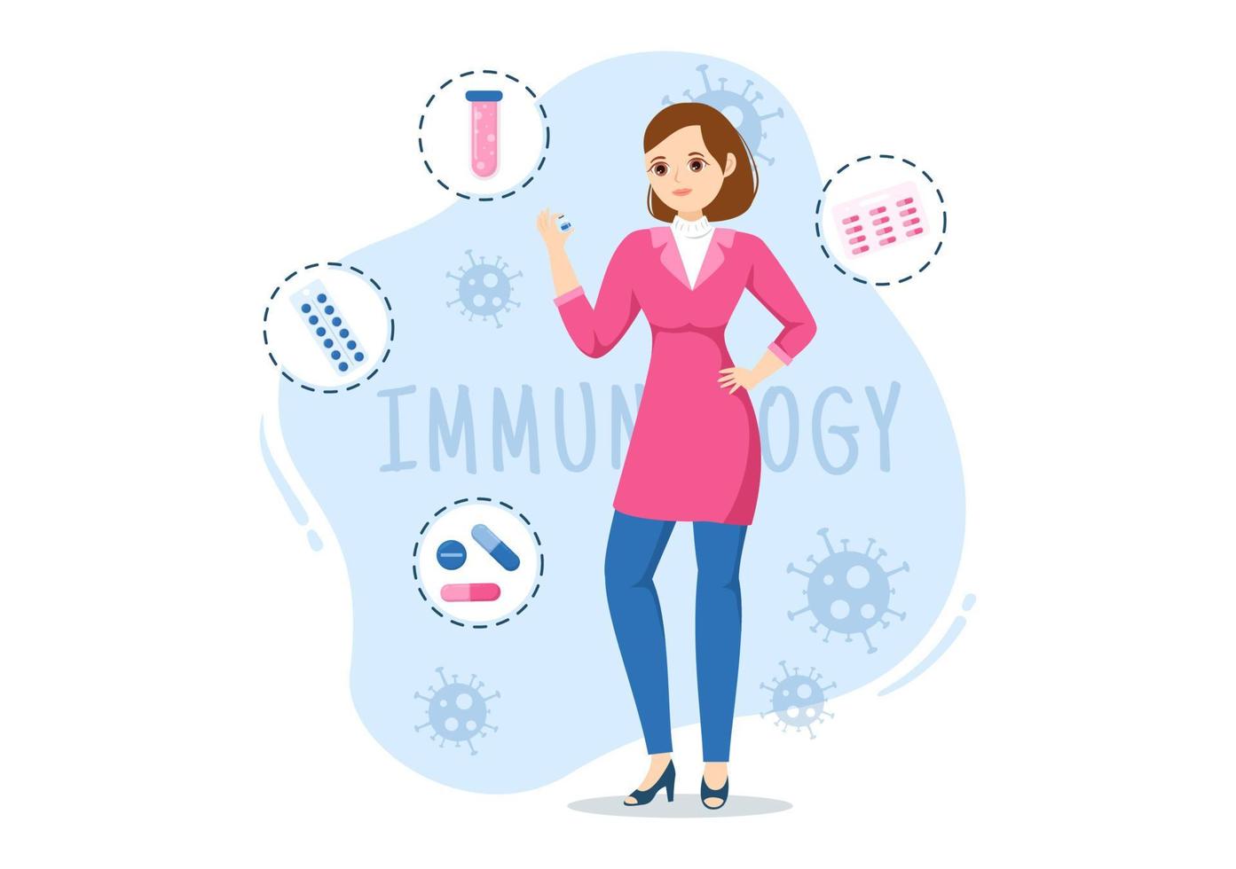 immunologi illustration med människor immun skydd systemet portion till skaffa sig befria av infektioner och skadlig bakterie i tecknad serie hand dragen mallar vektor