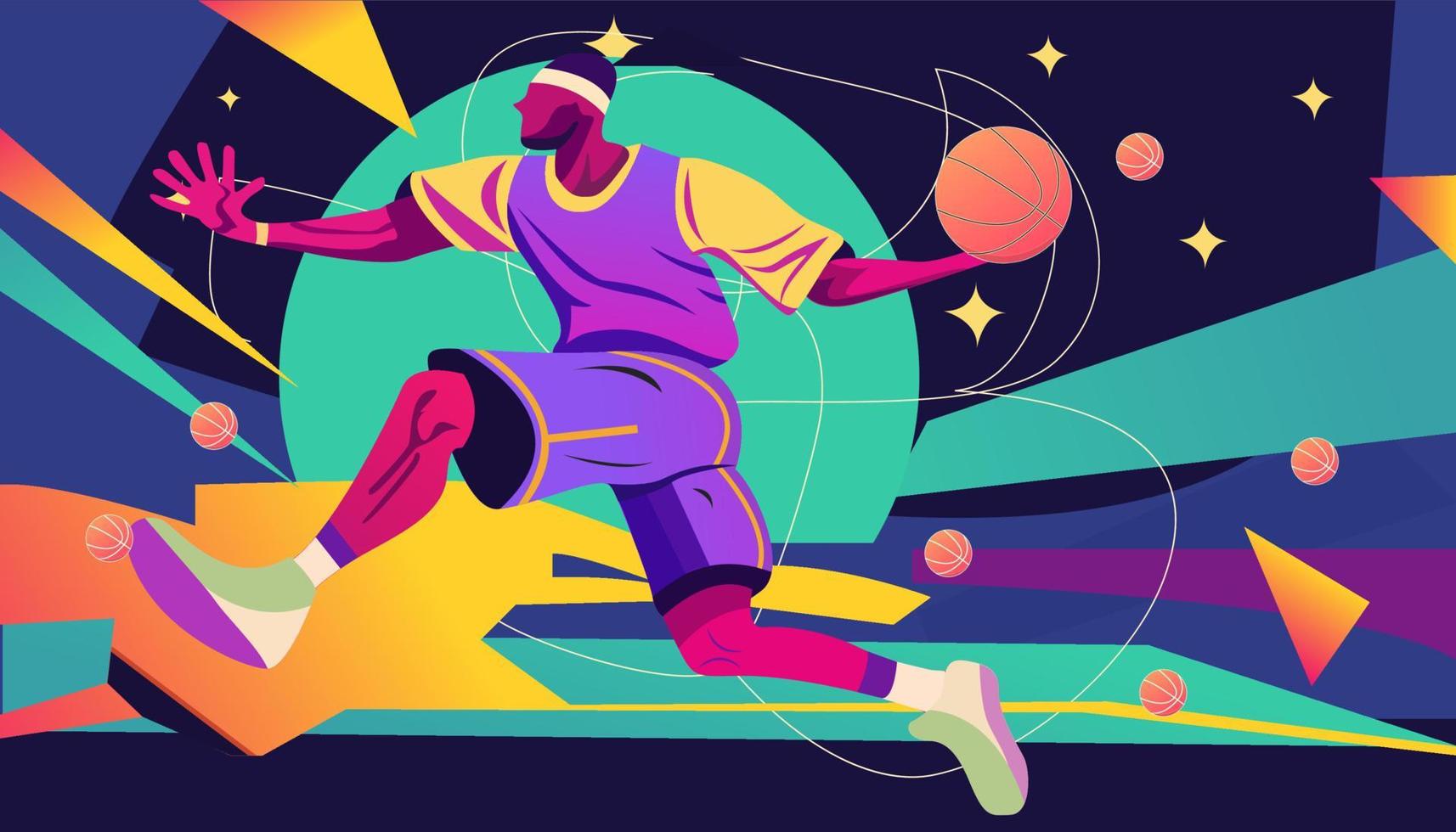 ein Karikatur von ein Basketball Spieler legen oben Ball eben Vektor Illustration