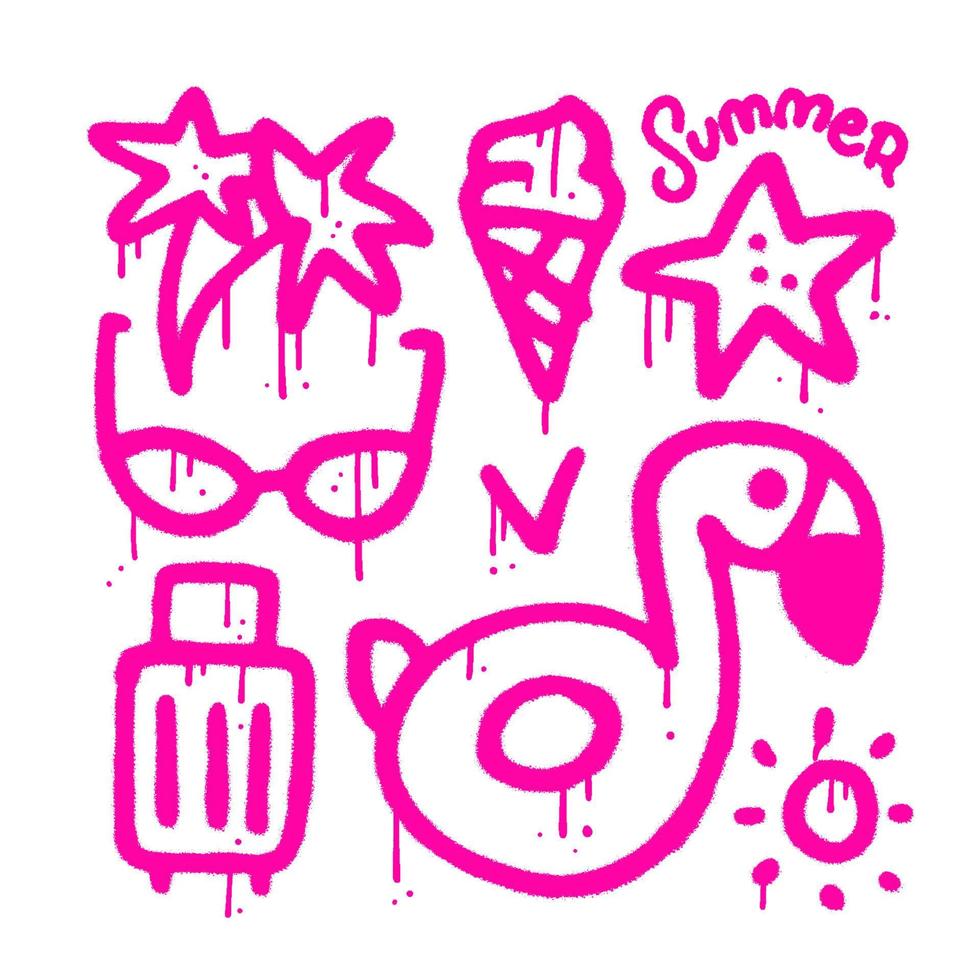 sumer Urlaub Elemente einstellen im einfach städtisch Graffiti Stil isoliert auf Weiß Hintergrund - - Tasche, Flamingo Ring, Palme, Eis und Sonnenbrille. sprühen texturiert Vektor Illustration zum T-Shirts, Banner