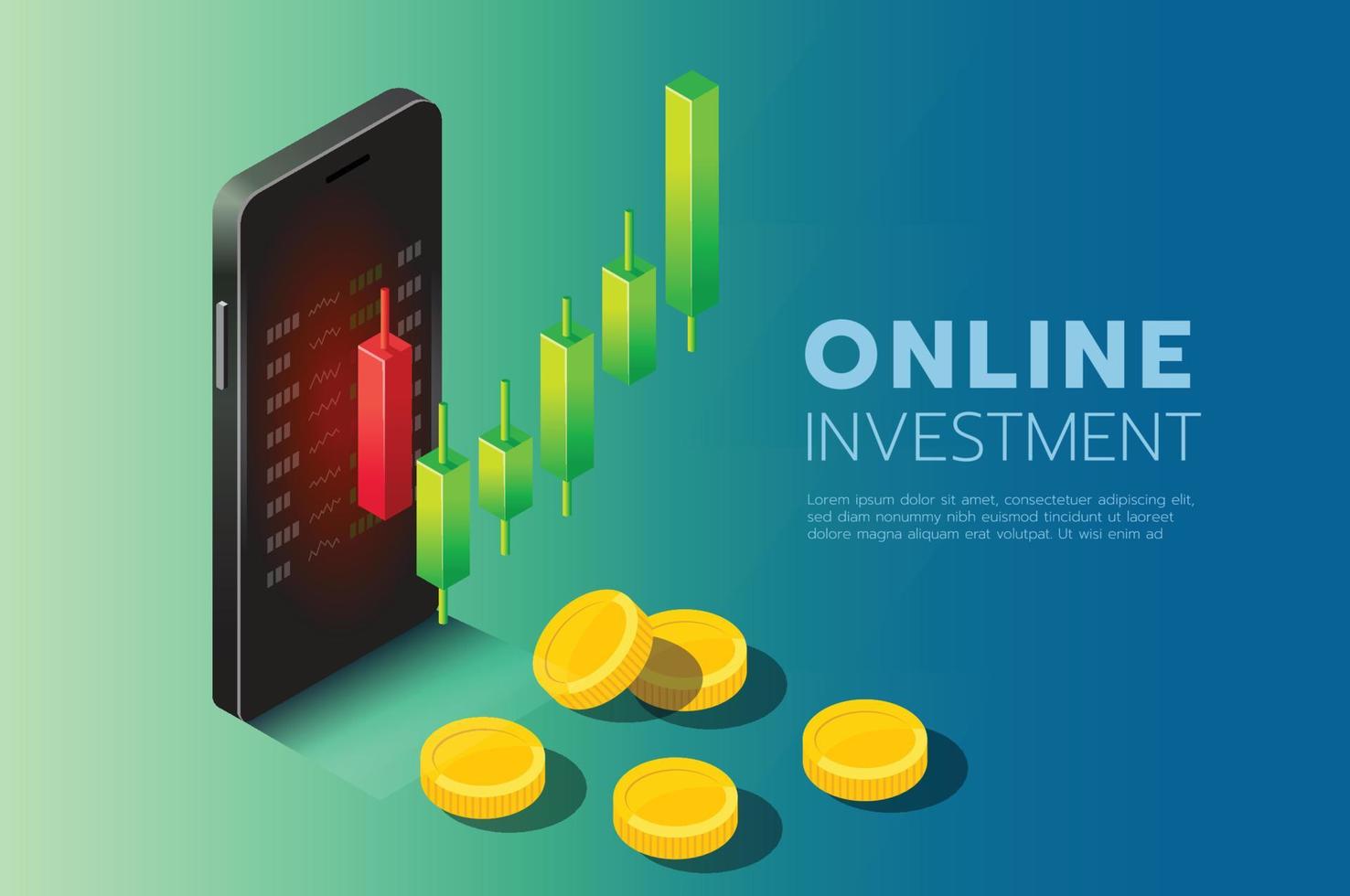 smartphone har en ljusstake Diagram, vinst på investering, och isometrisk illustration. vektor