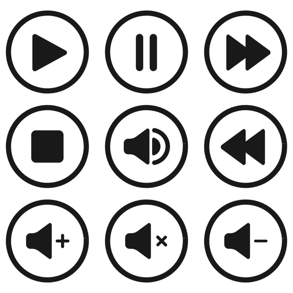 Sammlung von Multimedia Symbole und Audio, Musik- Lautsprecher Volumen Symbole. eben Stil Symbol auf Weiß Hintergrund. Vektor Illustration