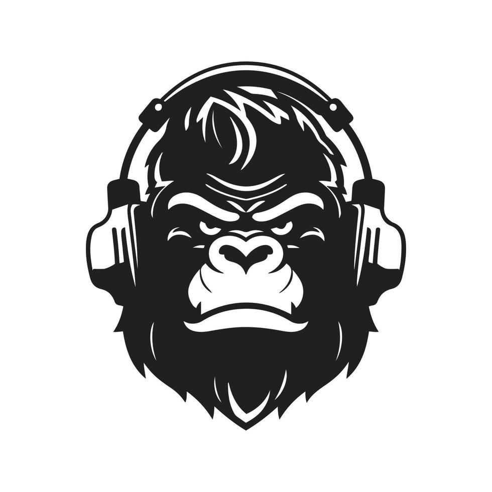 gorilla hörlurar maskot logotyp ,hand dragen illustration. lämplig för logotyp, tapet, baner, bakgrund, kort, bok illustration, t-shirt design, klistermärke, omslag, etc vektor