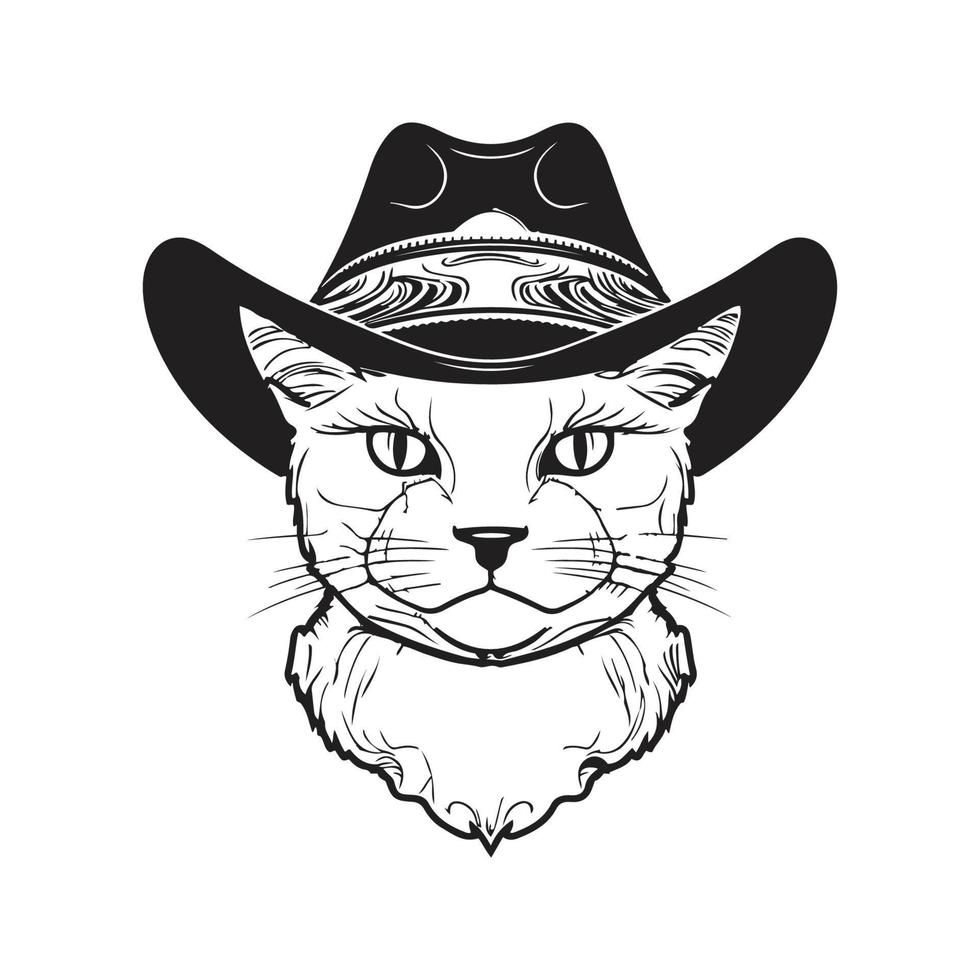 katt i cowboy hatt maskot logotyp ,hand dragen illustration vektor