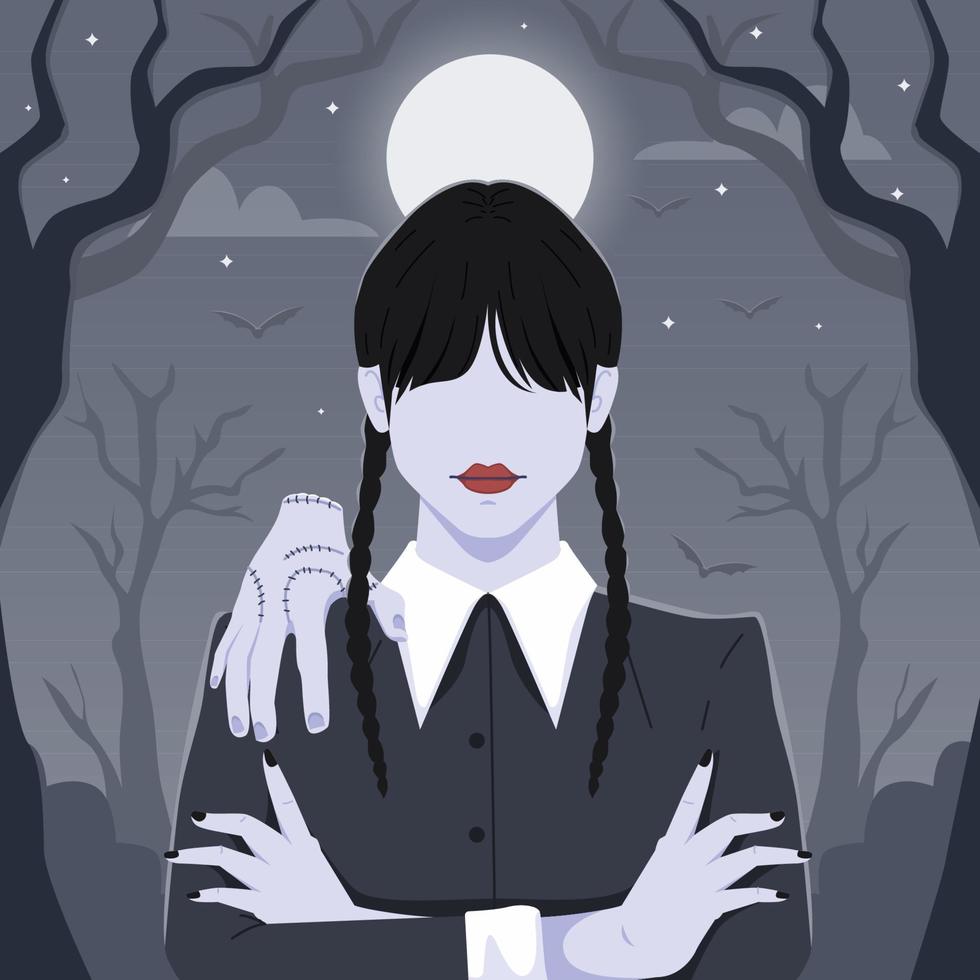 gotik flicka mystisk i svart klänning på midnatt vektor