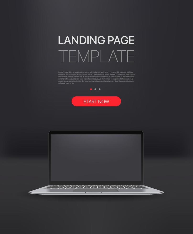 Promo-Landingpage-Vorlage mit modernem Laptop. Vorlage mit Beispieltext und Schaltfläche vektor