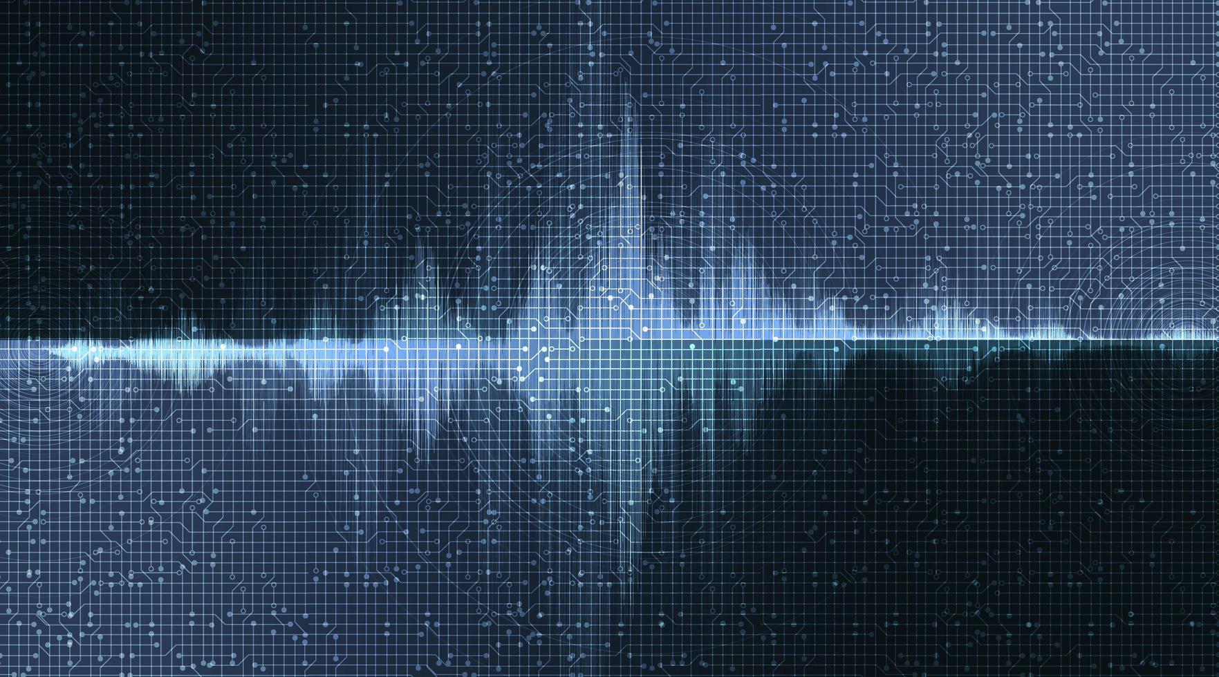 digital ljudvåg på mörkblå bakgrund, teknik och jordbävningsvågdiagramkoncept vektor
