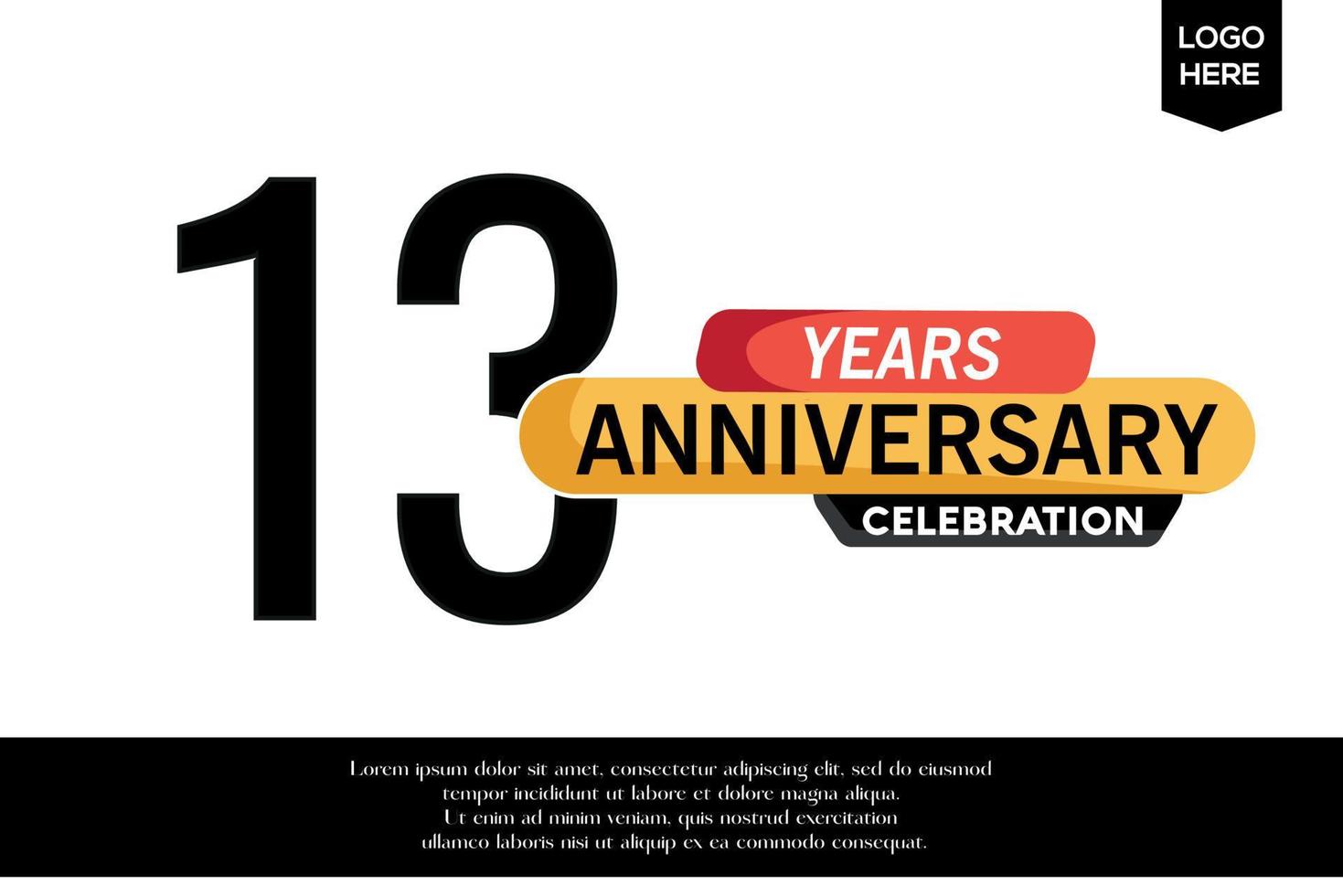 13: e årsdag firande logotyp svart gul färgad med text i grå Färg isolerat på vit bakgrund vektor mall design