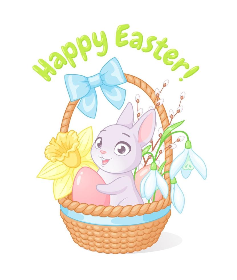 niedliches kleines Häschen, das Ei im Korb mit Frühlingsblumen hält. Ostergrußkarikaturvektorillustration lokalisiert auf weißem Hintergrund. vektor