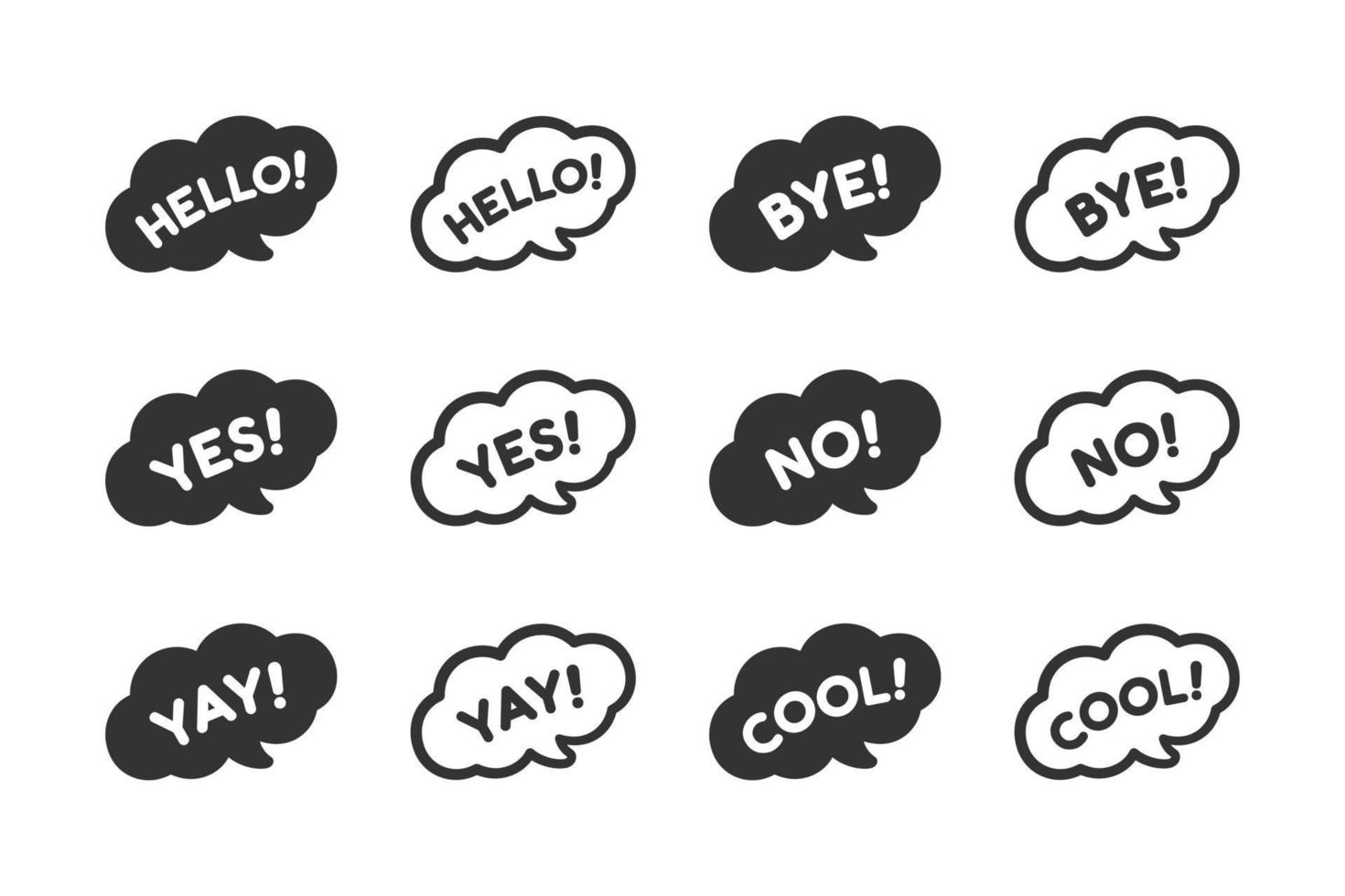 söt Tal bubbla med kort fraser Hallå, Hejdå, ja, Nej, Jippie, Häftigt ikon uppsättning. enkel platt vektor illustration.