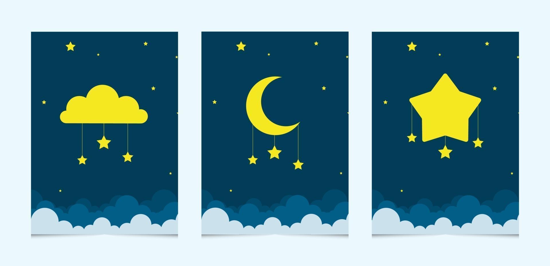 Nachtszene mit Mond und Sternen. Nachthimmel mit großem Mond. gute Nachthimmelkarte. vektor