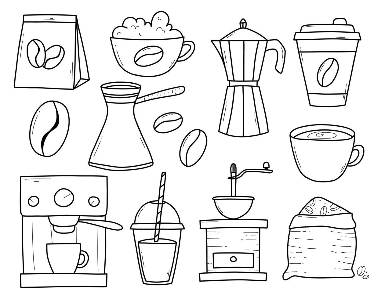 uppsättning av kaffe i klotter stil. linjär samling av element för framställning kaffe. vektor illustration. kaffe tid. kaffe kvarn, tillverkare, maskin, bönor, kopp.