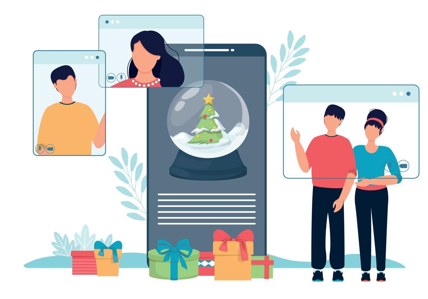 online jul firande snöklot och människor telefon skärm. vektor
