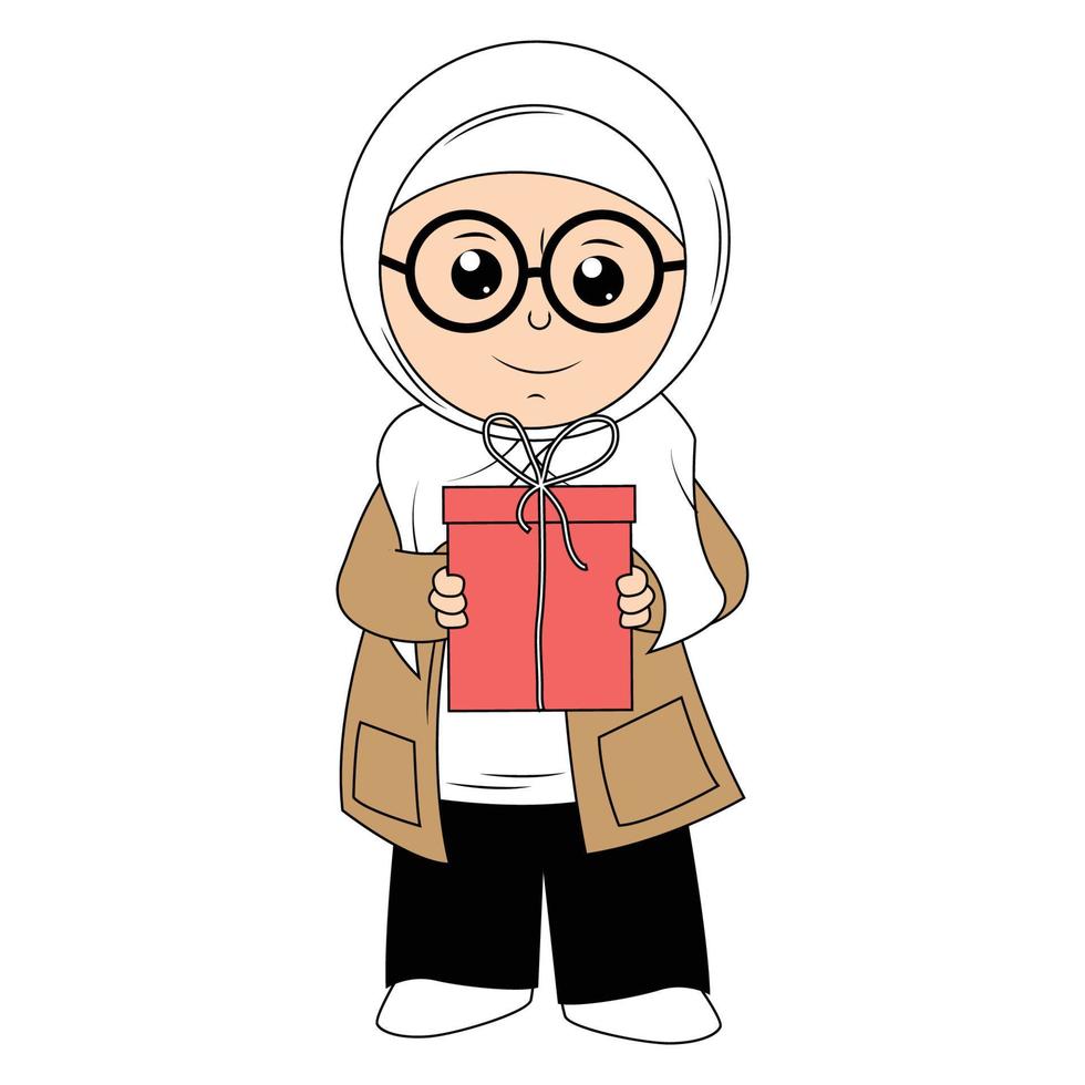 söt flicka hijab tecknad serie illustration vektor