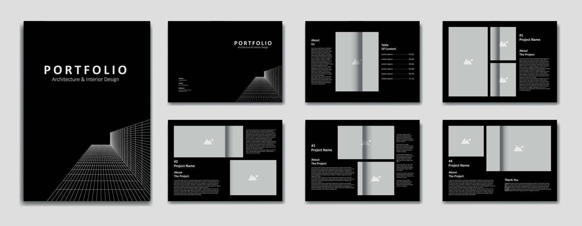 arkitektur portfölj design mall, arkitektonisk portfölj layout design, a4 storlek skriva ut redo broschyr för arkitektonisk design. vektor