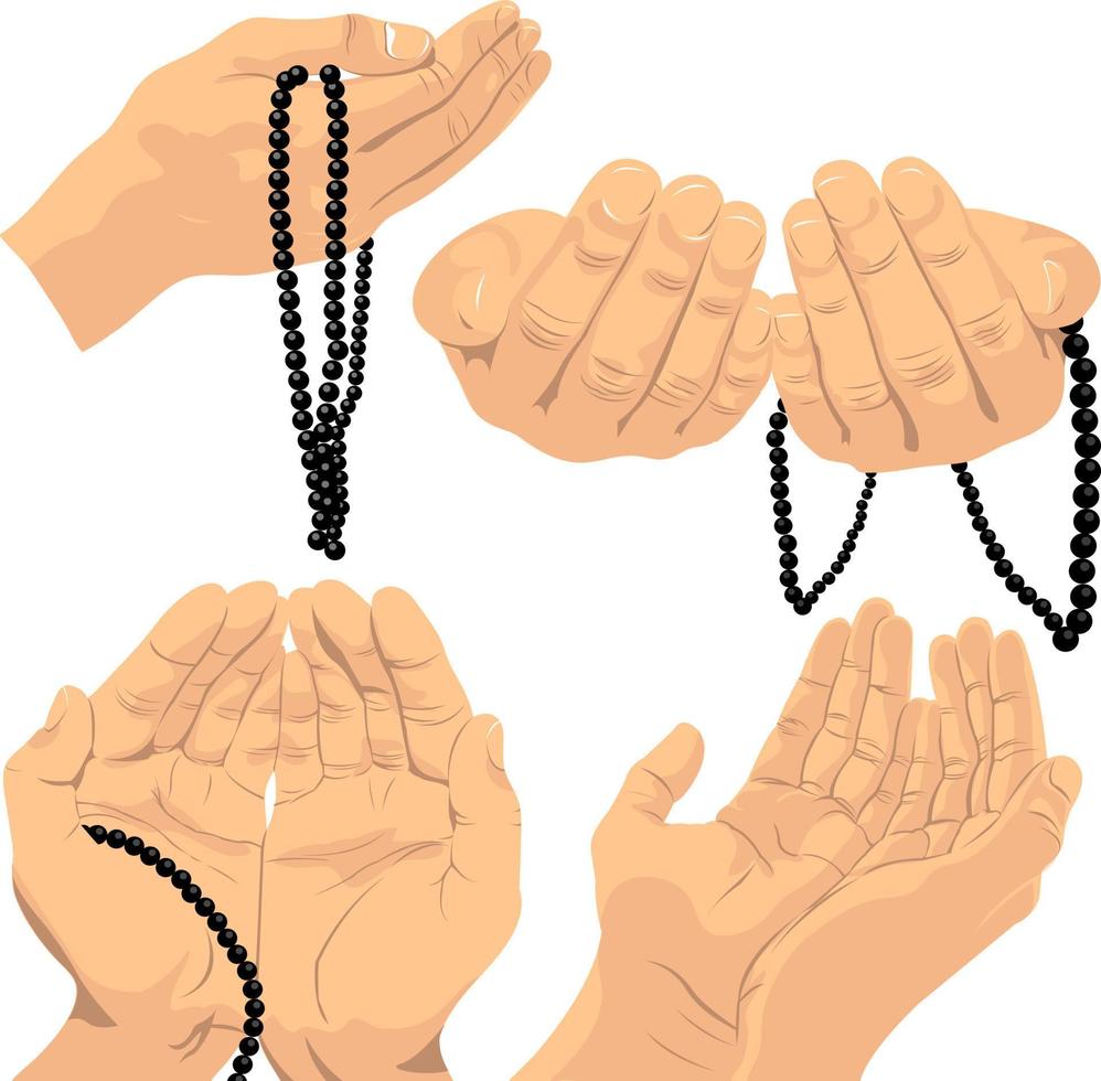 en uppsättning av händer med bön pärlor på en vit bakgrund vektor