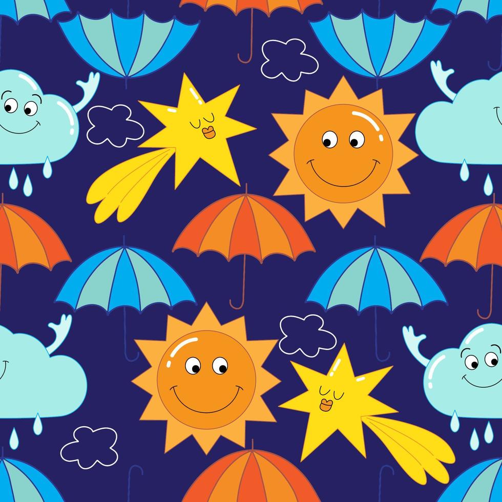 bakgrund med rolig tecken. sömlös vektor mönster med Sol, moln, paraplyer, och element i en trendig retro tecknad serie platt stil.