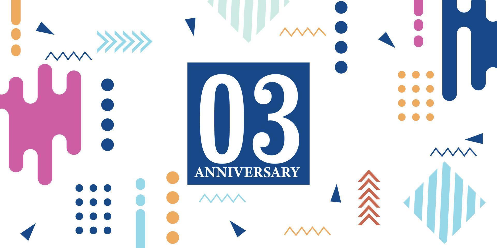 03 år årsdag firande logotyp vit tal font i blå form med färgrik abstrakt design på vit bakgrund vektor illustration