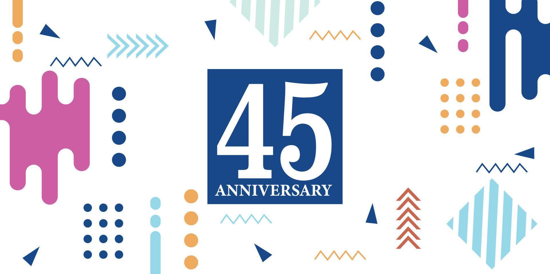 45 Jahre Jahrestag Feier Logo Weiß Zahlen Schriftart im Blau gestalten mit bunt abstrakt Design auf Weiß Hintergrund Vektor Illustration