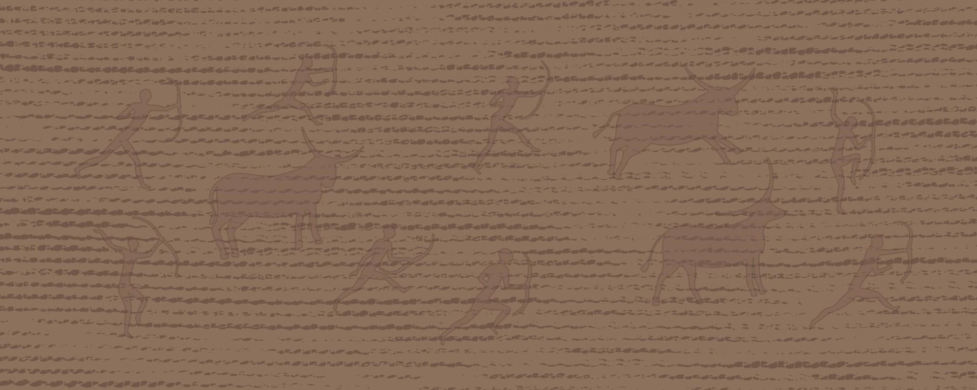 elegant Vektor Hintergrund im beige-braun Töne mit ein Matten Textur und Zeichnungen im das Lascaux Höhle Stil. abstrakt Hintergrund mit Konturen von Bullen und Jäger mit Verbeugungen. Felsen Gemälde.