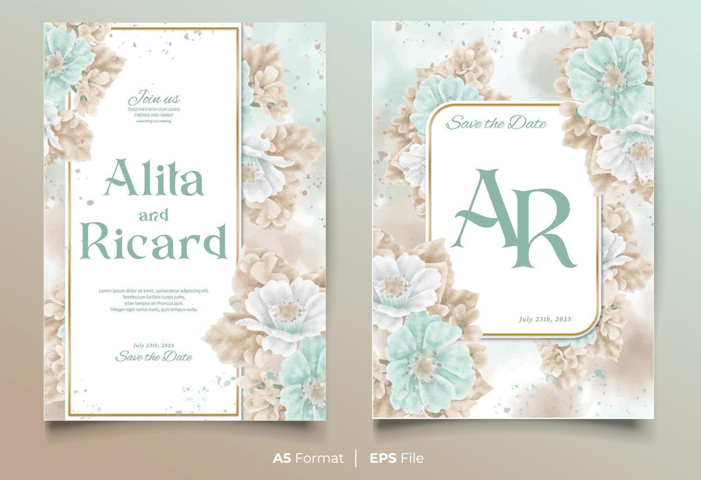 Aquarell Hochzeit Einladung Karte Vorlage mit Weiß und braun Blume Ornament vektor