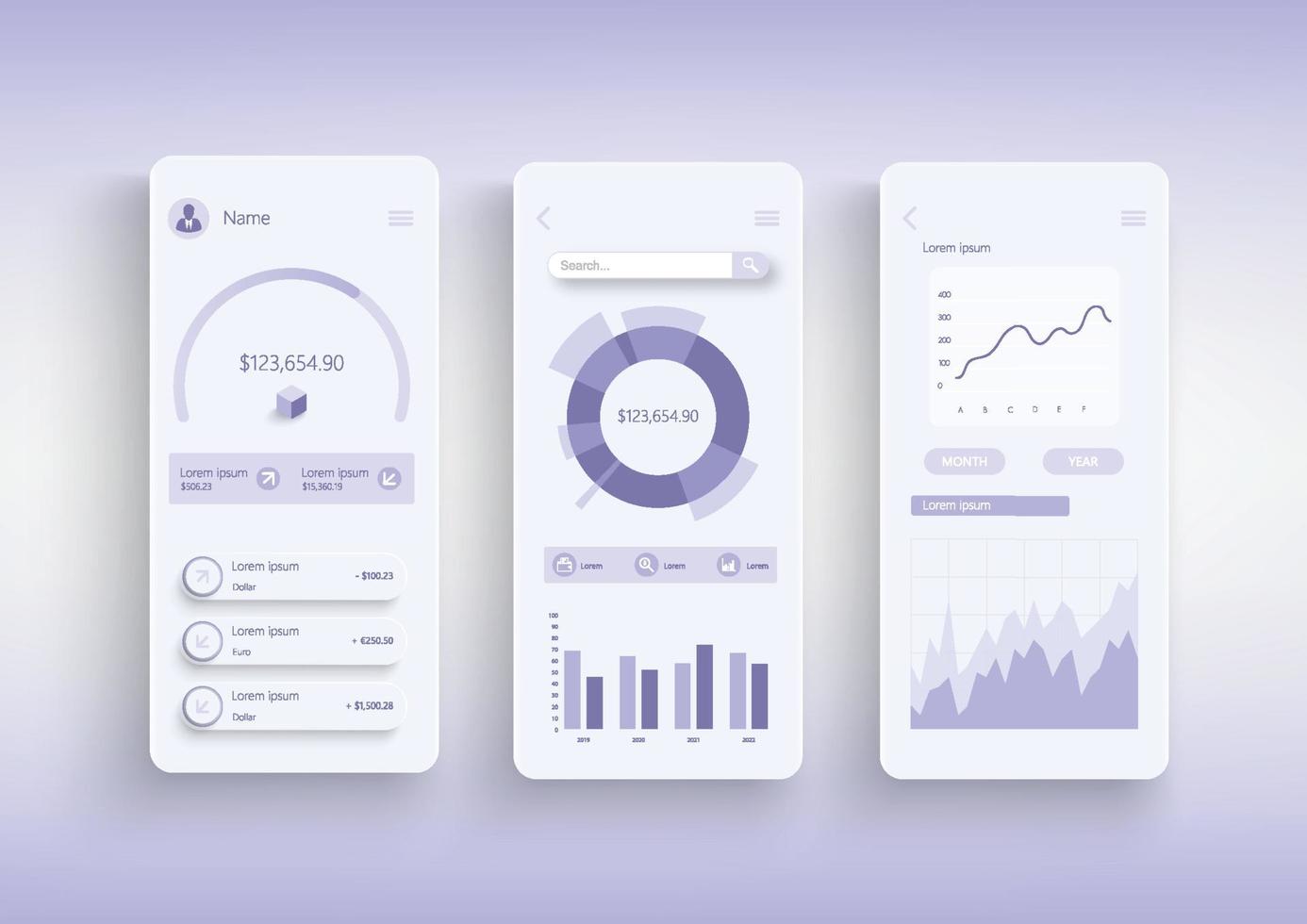 Online-Banking-Konzept neumorphe Vorlagen eingestellt. Finanzbuchhaltung, Kreditkarten-, Zahlungs- und Bankdienstleistungen. ui-, ux-, gui-Bildschirme für reaktionsschnelle mobile Apps. Vektor-Design-Kit im Neumorphismus-Stil vektor