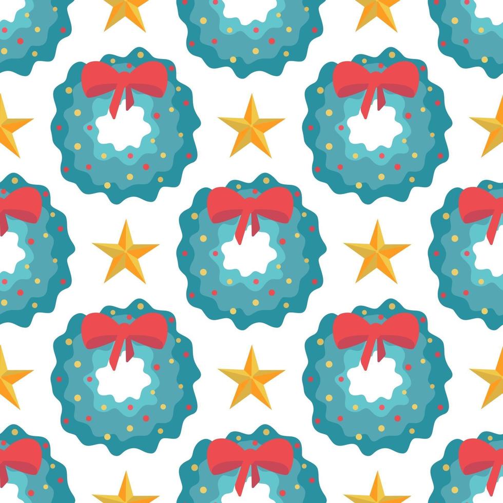 nahtloses Muster von Weihnachtskränzen mit roter Schleife und Sternen auf weißem Hintergrund, Vektor flache Art
