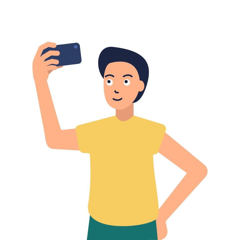 vektorillustration av en kille som tar en selfie, platt stil på en vit bakgrund, tonåring, smartphone vektor