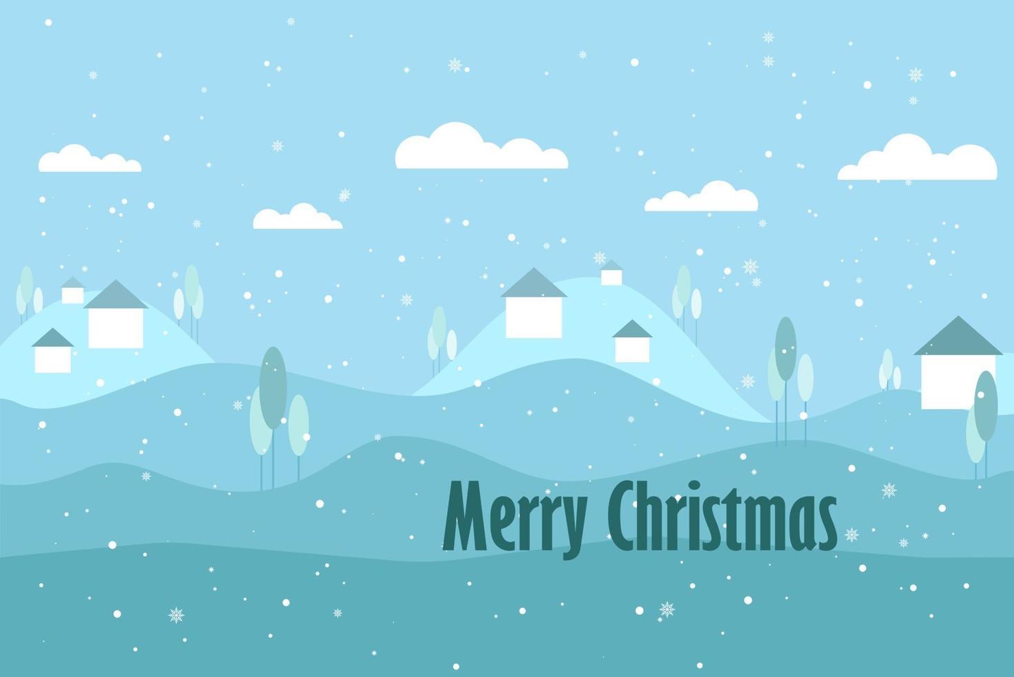 platt vektorillustration av ett julvinterlandskapskort. blått och vitt, berg med små hus och träd, snöig dag vektor