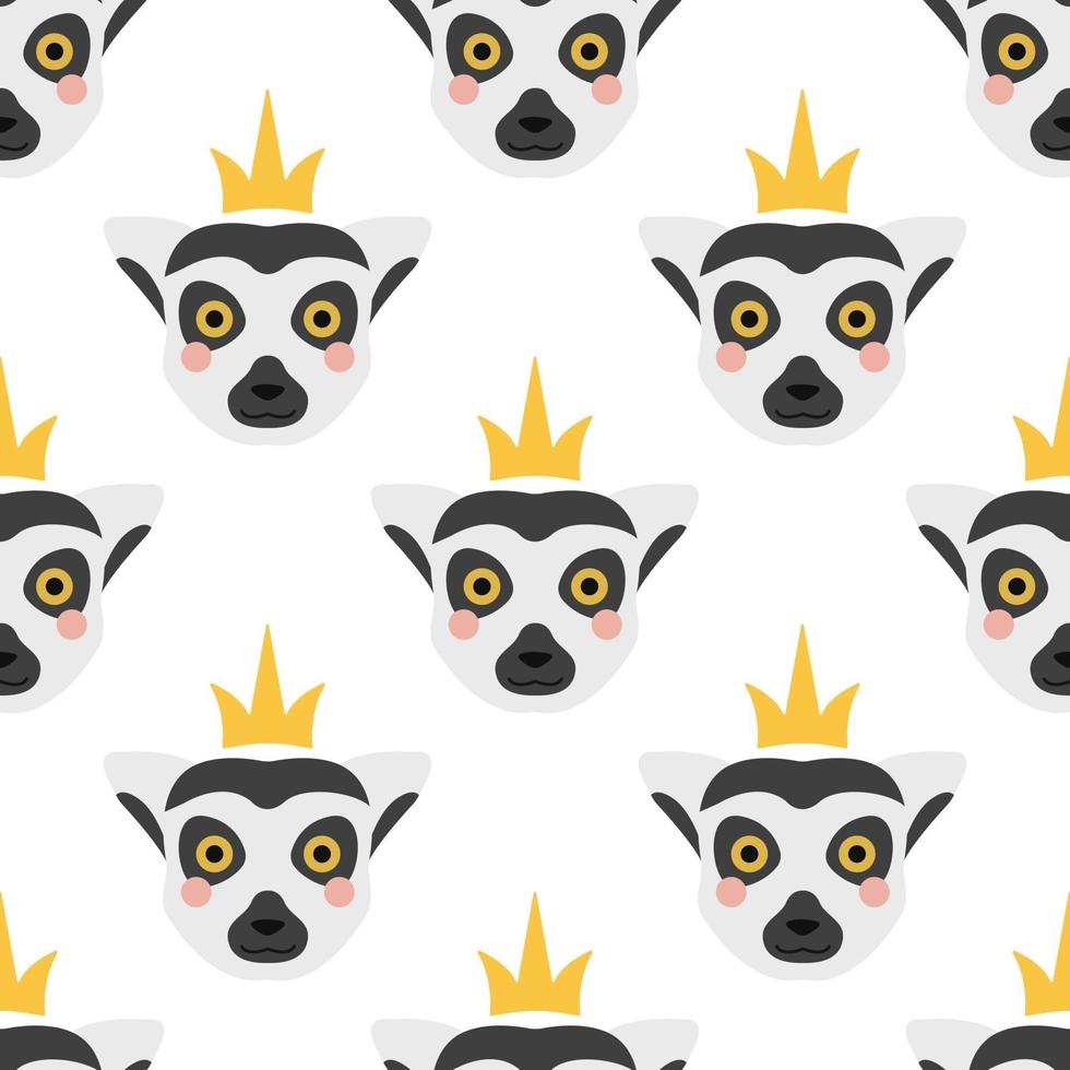 ansiktet på en lemur med en krona på huvudet. vektor sömlösa mönster på en vit bakgrund. söt, rolig lemur, barnrumsdekor