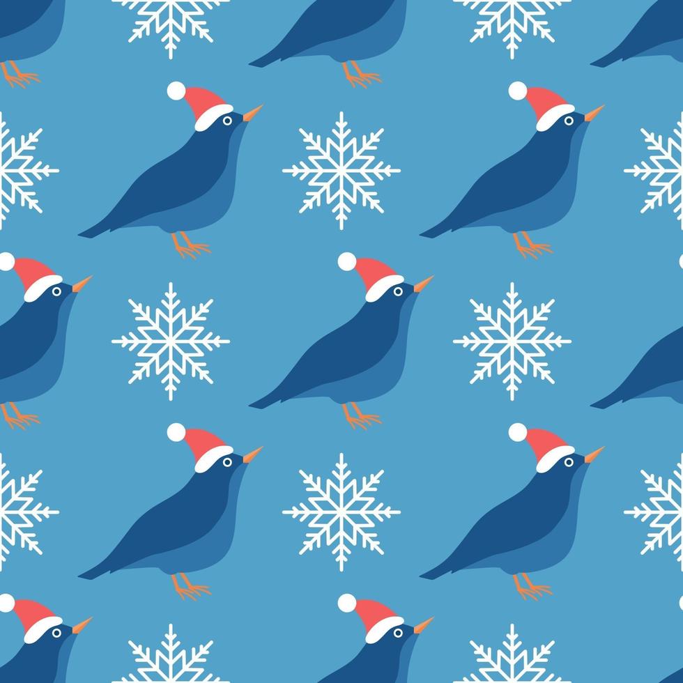 sömlös vektormönster av en fågel i en hatt med snöflingor på blå, julhelgbakgrund vektor