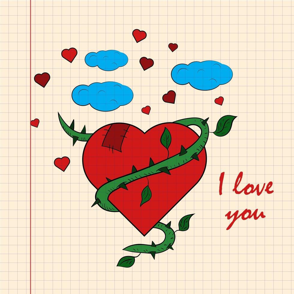 färg barn illustration hjärta flätad vinstock med jag älskar dig ritad på en anteckningsbok i lådan vektor